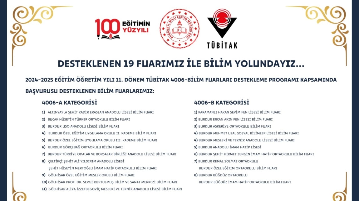 Okulumuz 2024-2025 Eğitim Öğretim Yılı 11. Dönem TÜBİTAK-4006 Bilim Fuarları Destekleme Programı kapsamında başvurusu desteklenmeye layık görülen okullar listesine girmiştir. 